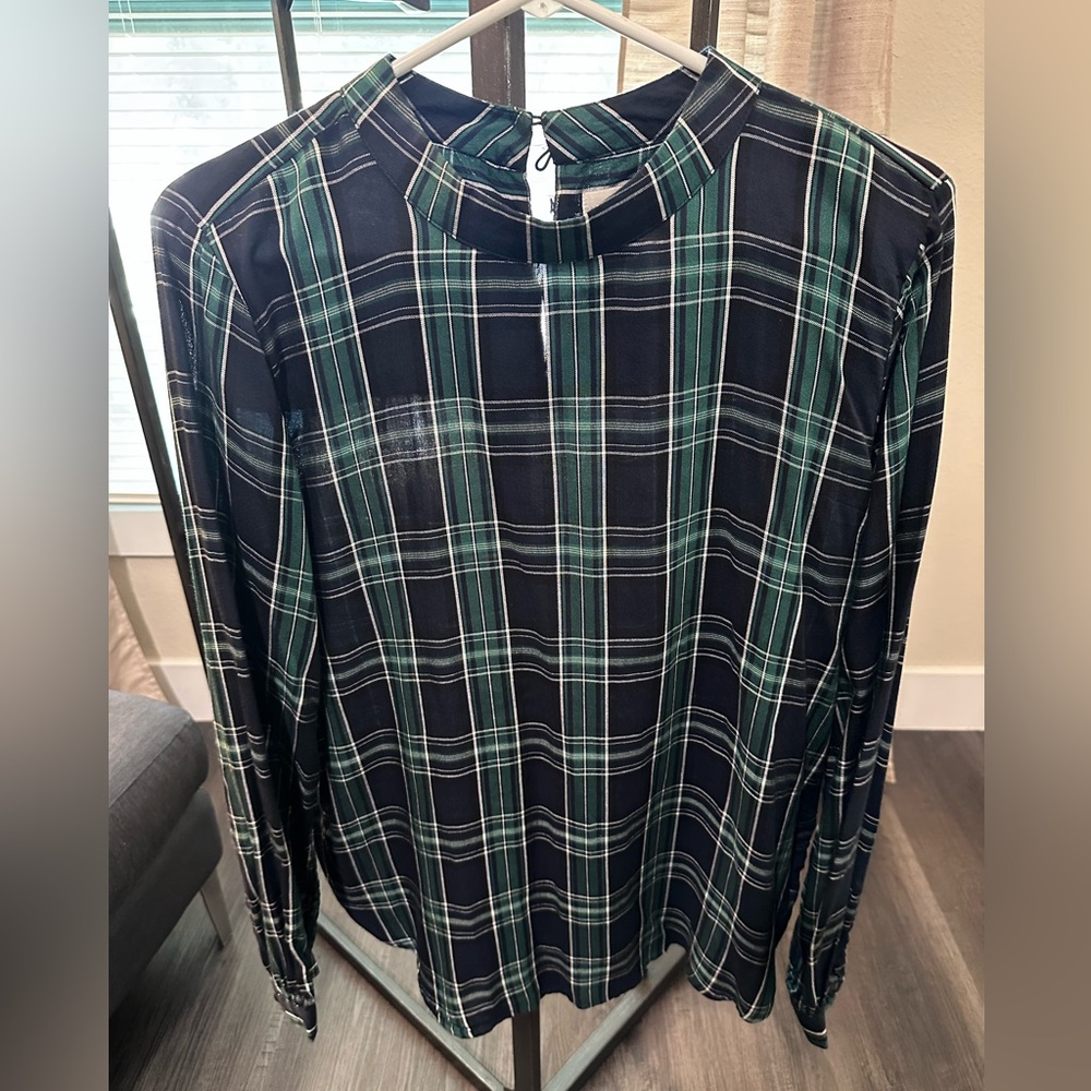 LOFT Navy and Green Plaid Mock Neck Shirt